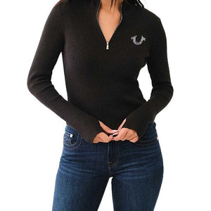 TRUE RELIGION CRYSTAL TR ZIP MOCK NECK LS JET BLACK