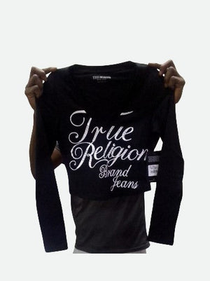 True Religion T-Shirt Crystal Branded V Neck Ls Bby Jet Black