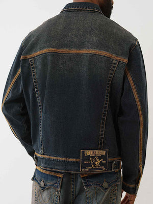 True Religion Denim Jacket Super Flatlock Trucker Greenland Dark Wash