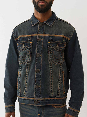 True Religion Denim Jacket Super Flatlock Trucker Greenland Dark Wash