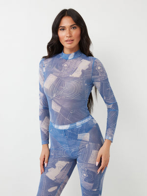 True Religion Mesh Denim Printed Bodysuit Blue