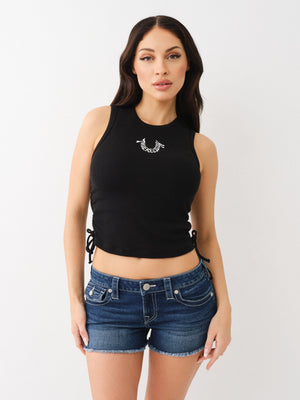 True Religion Embroidered Tank Side Ruched Jet Black