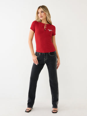 True Religion Crystal Retro T-Shirt Henley Red Dhalia