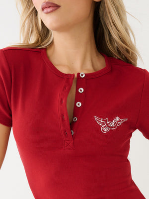True Religion Crystal Retro T-Shirt Henley Red Dhalia