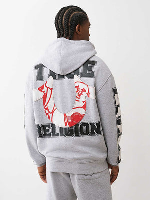 True Religion Hoodie Terry Applique Zip Up Hood Heather Grey