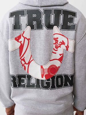 True Religion Hoodie Terry Applique Zip Up Hood Heather Grey