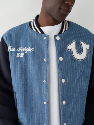 True Religion Jacket Varsity Pinstripe Bomber Dress Blue