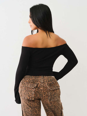 True Religion Crew Off The Shoulder Rib Top Jet Black
