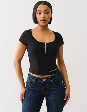 True Religion Half Zip Cap Sleeve Rib Top Jet Black