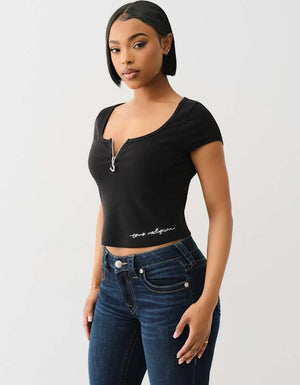 True Religion Half Zip Cap Sleeve Rib Top Jet Black