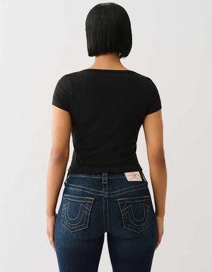 True Religion Half Zip Cap Sleeve Rib Top Jet Black
