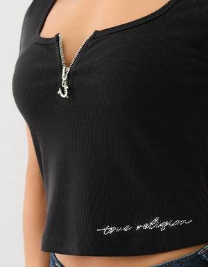 True Religion Half Zip Cap Sleeve Rib Top Jet Black