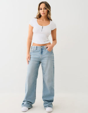 True Religion Half Zip Cap Sleeve Rib Top Optic White