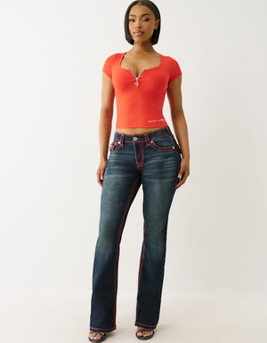 True Religion Half Zip Cap Sleeve Rib Top Flame Scarlet