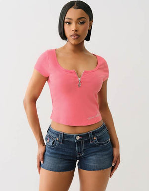 True Religion Half Zip Cap Sleeve Rib Top Sunkist Coral