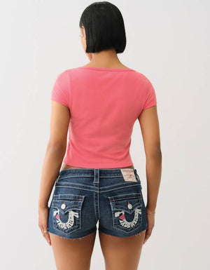 True Religion Half Zip Cap Sleeve Rib Top Sunkist Coral