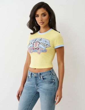 True Religion Crystal Contrast Ringer Tee Yellow-Blue