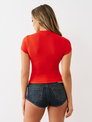 True Religion Rib Cap Sleeve V Neck Top Flame Scarlet