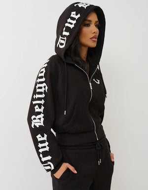 True Religion Crystal Tr Relaxed Zip Hoodie Jet Black