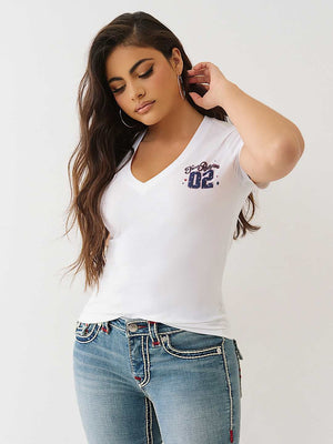 True Religion Sporty Crystal V Neck Tee Optic White