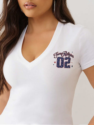 True Religion Sporty Crystal V Neck Tee Optic White