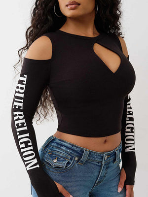 True Religion Top Branded Rib Cut Out Long Slvs Jet Black
