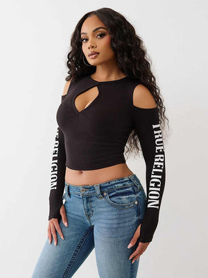 True Religion Top Branded Rib Cut Out Long Slvs Jet Black