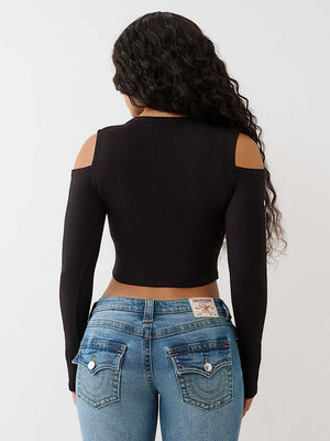 True Religion Top Branded Rib Cut Out Long Slvs Jet Black