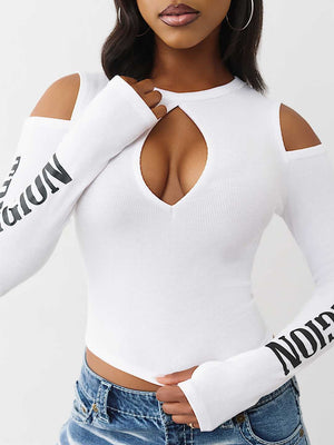 True Religion Top Branded Rib Cut Out Long Slvs White