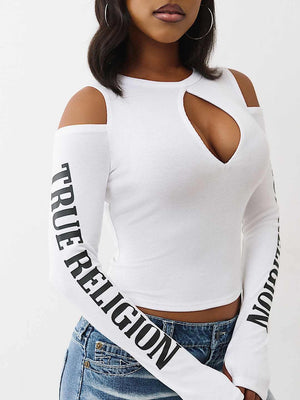 True Religion Top Branded Rib Cut Out Long Slvs White