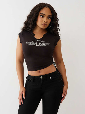 True Religion Crystal V Notch Side Ruch Top Jet Black