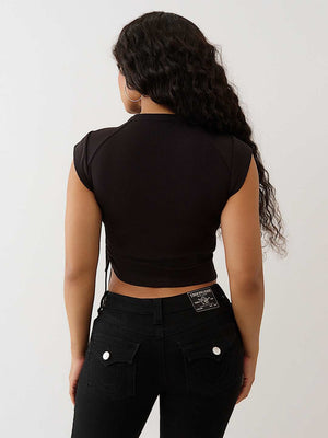 True Religion Crystal V Notch Side Ruch Top Jet Black