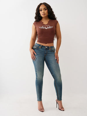 True Religion Crystal V Notch Side Ruch Top Rocky Road