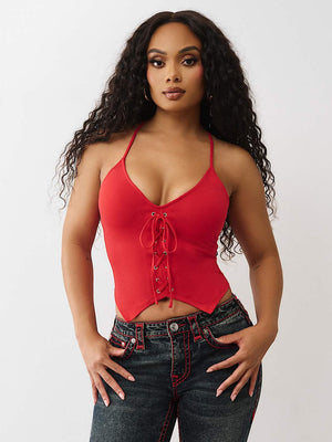True Religion Branded Front Tie Top Barbados Cherry