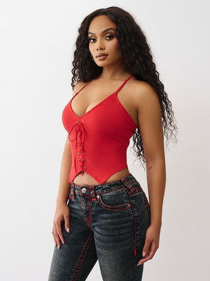 True Religion Branded Front Tie Top Barbados Cherry