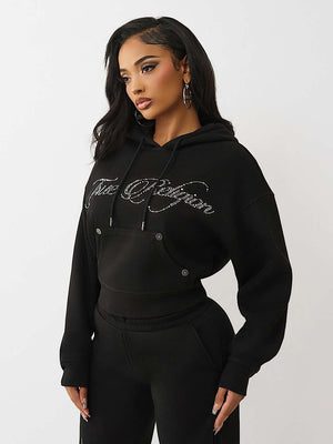 True Religion Crystal Cropped Relaxed Hoodie Jet Black
