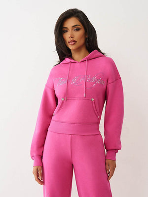 True Religion Crystal Cropped Relaxed Hoodie Very Berry