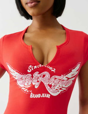 True Religion Crystal Wing V Notch Tee Flame Scarlet