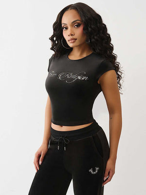 True Religion T-Shirt Crystal Tr Velour Ss Baby Black