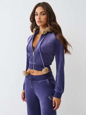 True Religion Hoodie Crystal Velour Shrunken Astral Aura