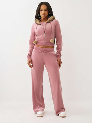 True Religion Hoodie Crystal Velour Shrunken Nostalgia Rose