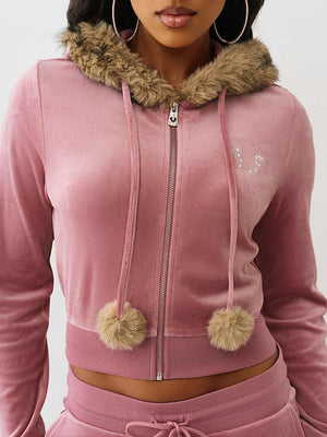 True Religion Hoodie Crystal Velour Shrunken Nostalgia Rose
