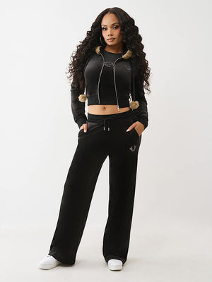 True Religion Sweatpants Crystal Hs Velour Straight Leg Jet Black