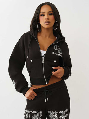 True Religion Hoodie Crystal Relaxed Zip Jet Black