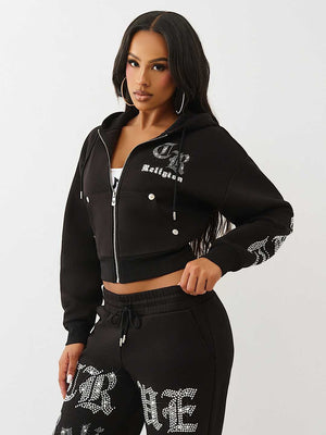 True Religion Hoodie Crystal Relaxed Zip Jet Black