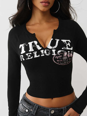 True Religion T-Shirt Tr Ribbed V Notched Ls Jet Black