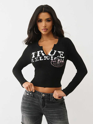 True Religion T-Shirt Tr Ribbed V Notched Ls Jet Black