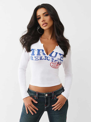 True Religion T-Shirt Tr Ribbed V Notched Ls Optic White