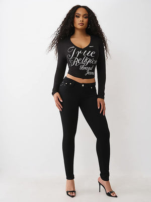 True Religion T-Shirt Crystal Branded V Neck Ls Bby Jet Black
