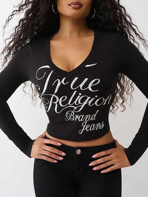 True Religion T-Shirt Crystal Branded V Neck Ls Bby Jet Black
